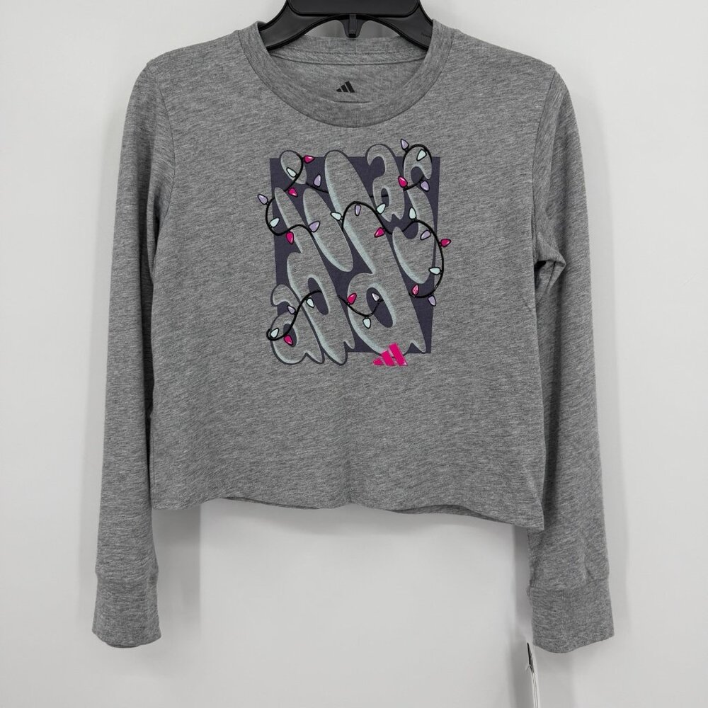 Adidas Girls' Gray Christmas Lights Long Sleeve Graphic T-Shirt size S 7/8